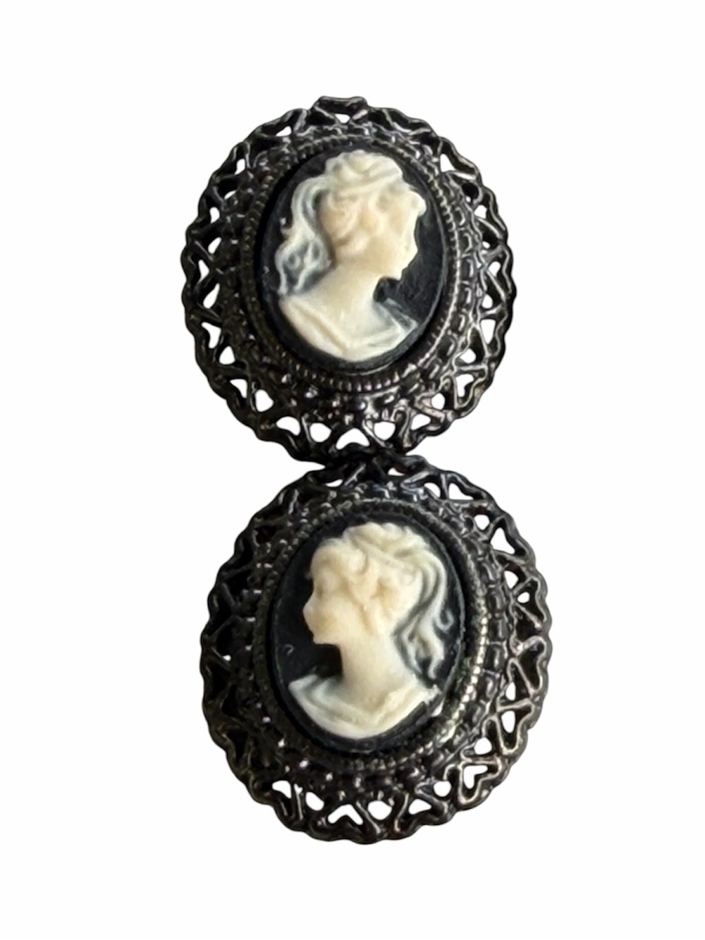 Vintage Avon NR Signed Cameo Earrings Black White Silhouette Filigree